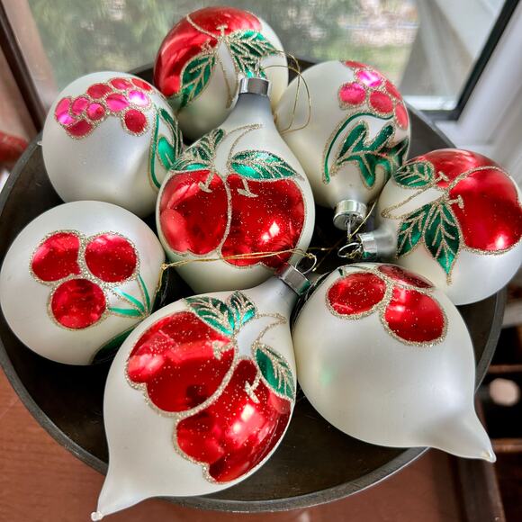 Vintage Blown Glass Ball Ornaments with Glittered Fruit Design - Set of 8 - Picture 4 of 13